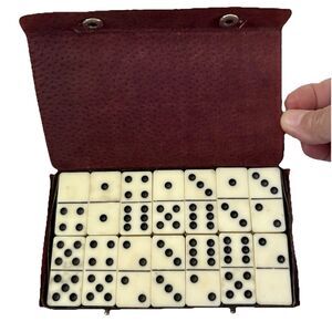 Vintage Domino Set Genuine Pigskin Case Japan Travel Set Double Six ~ 28 Tiles